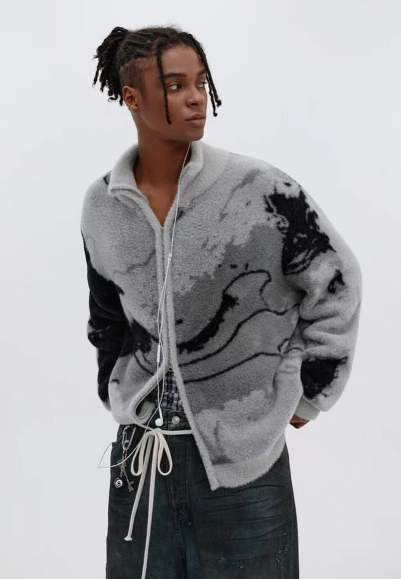 ATRY Irregular Gradient Cardigan Stand Collar Sweater