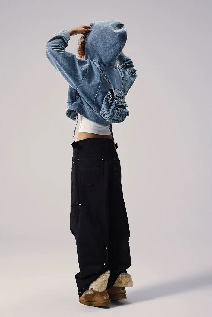 REMEDY Retro Distressed Washed Denim Backpack Hooded Jacket (For Women)