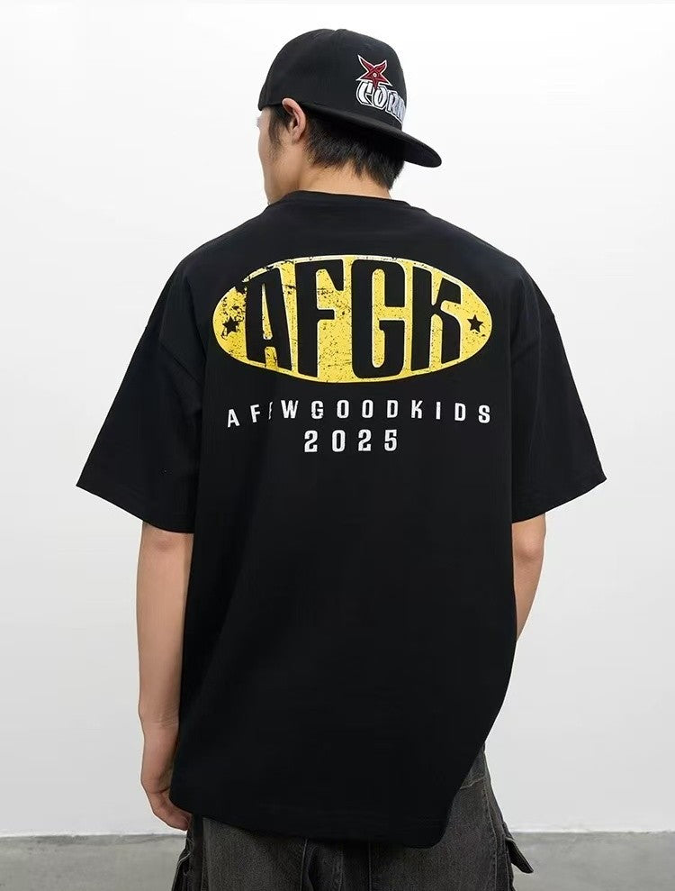 AFGK Retro Distressed Logo Print Short-sleeved T-shirt