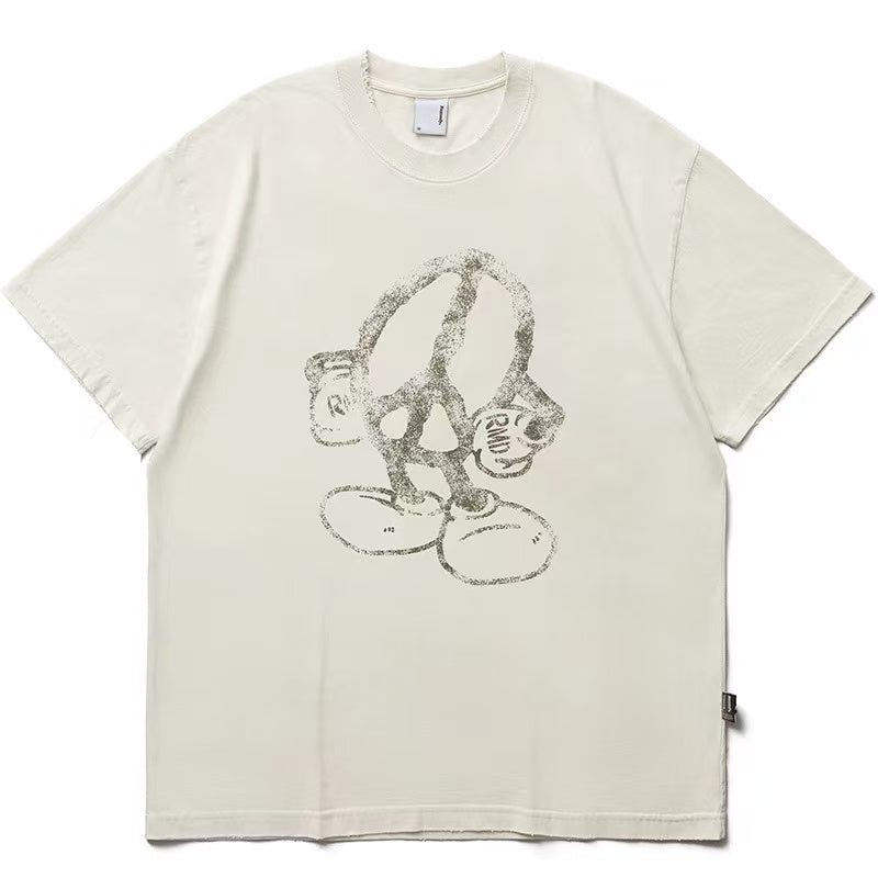 REMEDY Peace Cartoon Print Distressed Short-sleeve T-shirt