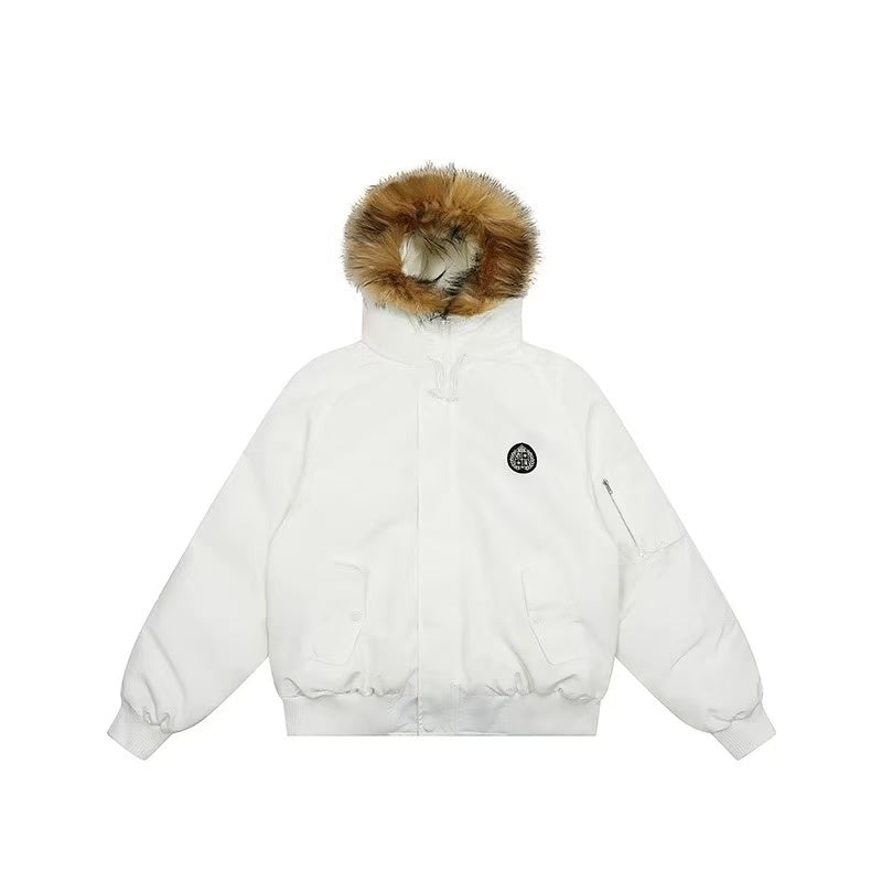 ACHOCK Logo Design Fur Collar Hooded Cotton Coat