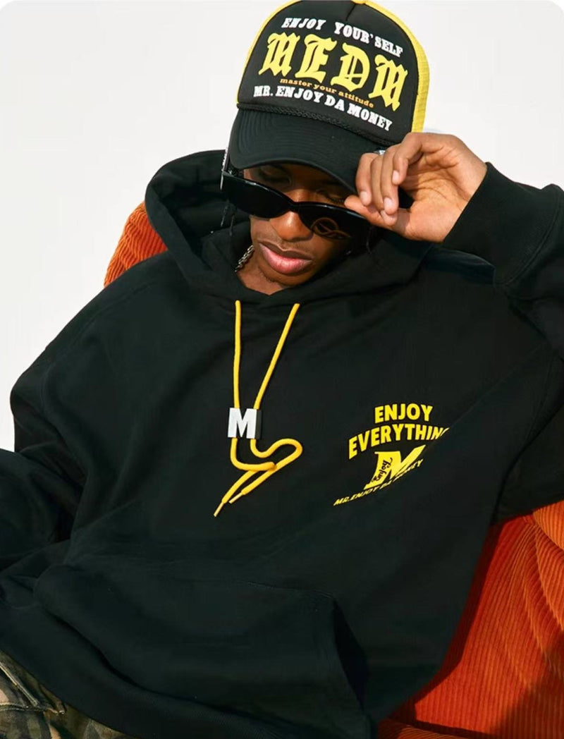 MEDM M Button Drawstring with Letter Print Hoodie