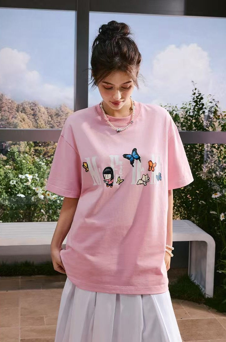MEDMxNewmasus Butterfly Floral Print Short-sleeved T-shirt