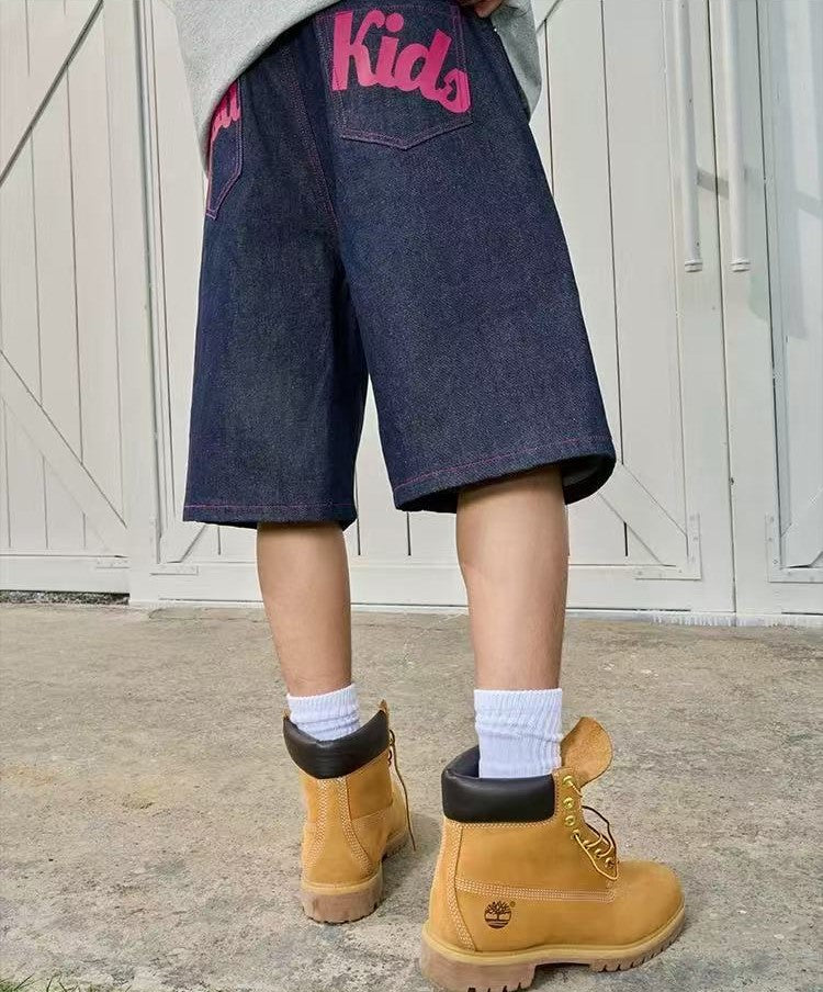 AFGK Pure Color Printed Denim Shorts