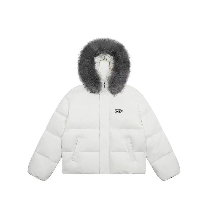 ACHOCK Logo Print Fur Collar Hooded Down Jacket