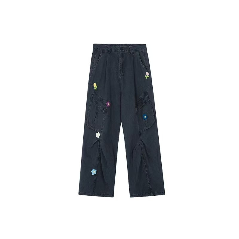 ACHOCK Vintage Multi-pocket Floral Embroidered Paratrooper Pants