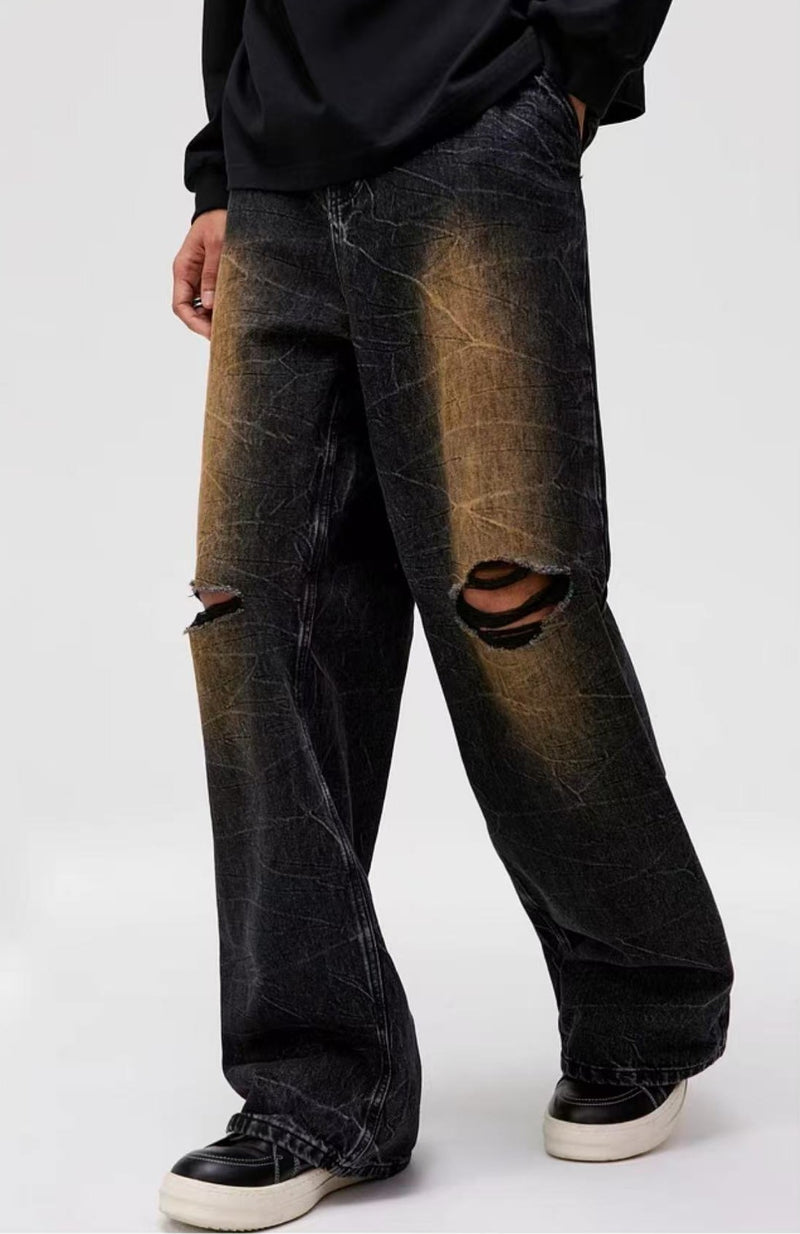 ATRY Heavy Textured Washed Knee Ripped Denim Trousers