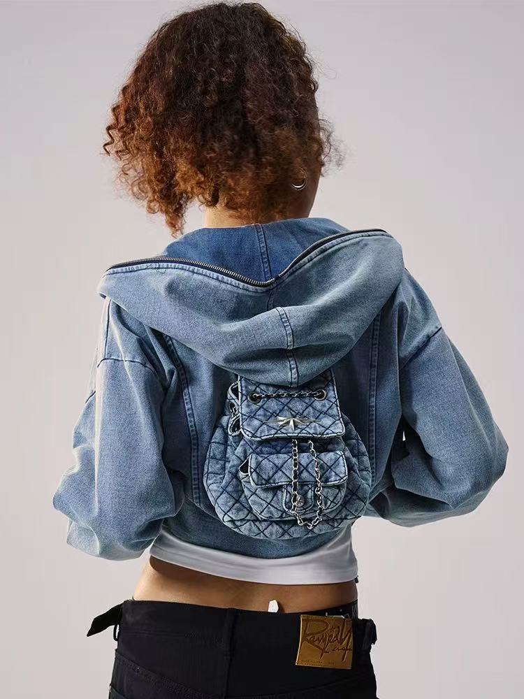 REMEDY Retro Distressed Washed Denim Backpack Hooded Jacket (For Women)