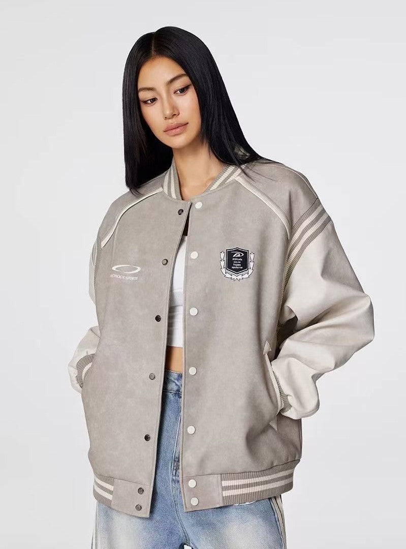 ACHOCK Logo Embroidered Retro Color Block Baseball Leather Jacket