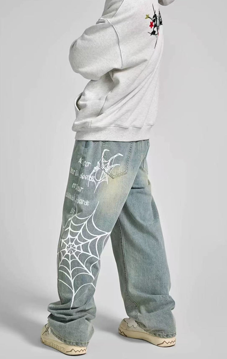 ACHOCK Spiderweb Print Washed Jeans