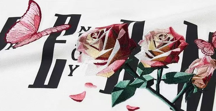 MEDM Origami Slice Rose Butterfly Embroidered Short-sleeved T-shirt