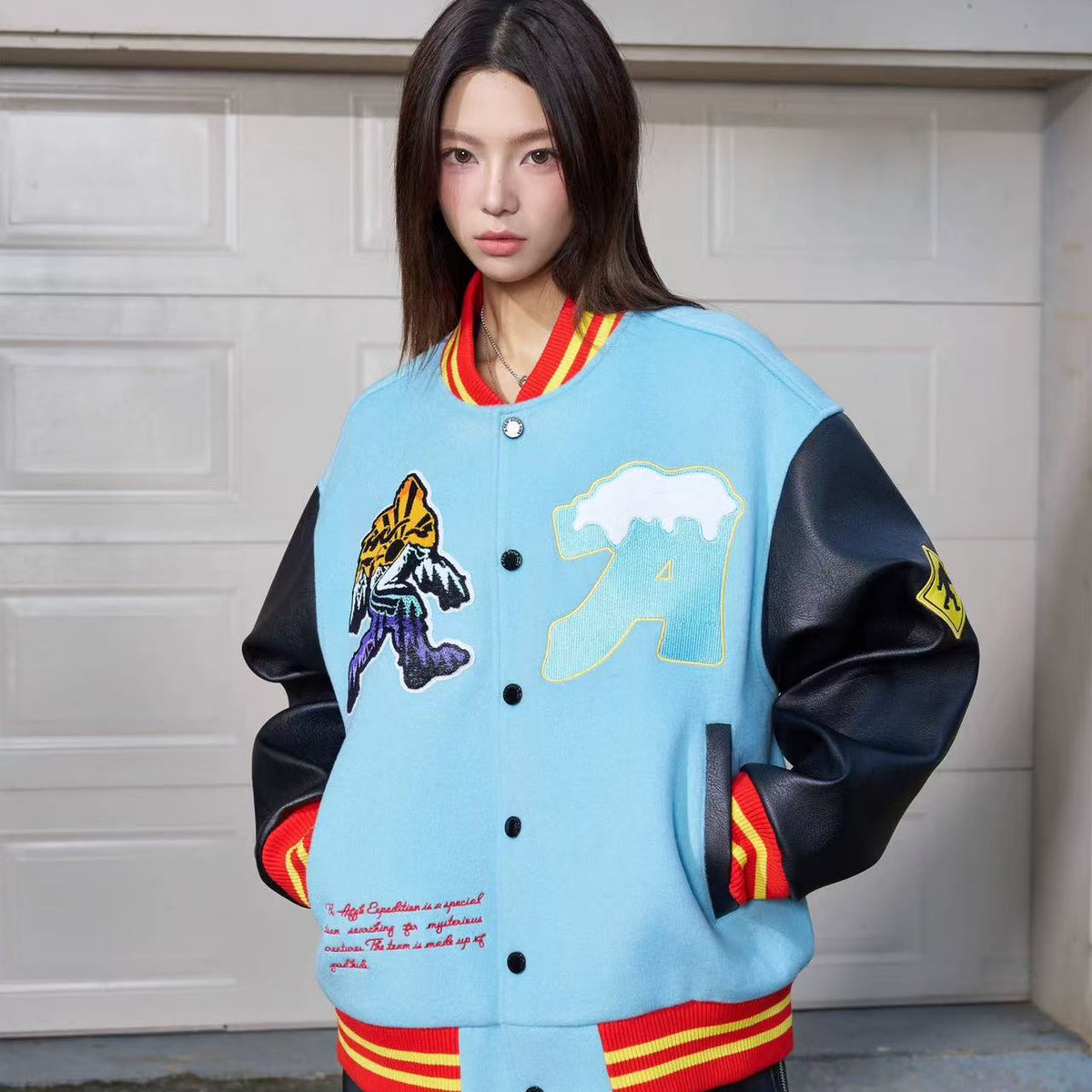 AFGK Snowy Terry Embroidered Contrasting Color Baseball Jacket