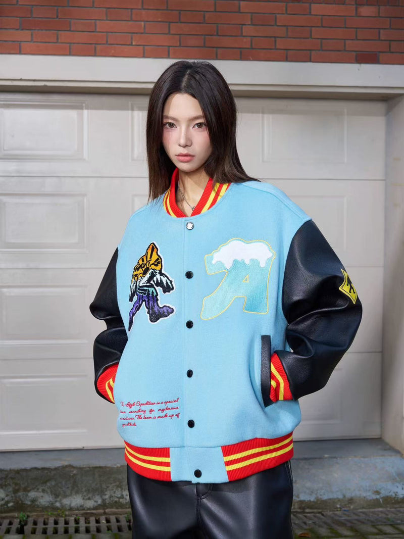 AFGK Snowy Terry Embroidered Contrasting Color Baseball Jacket