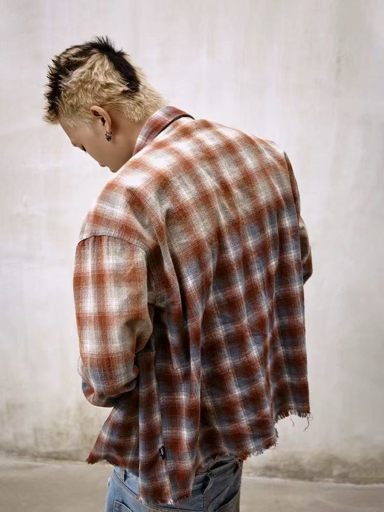 REMEDY Fringed Plaid Long-sleeve Shirt