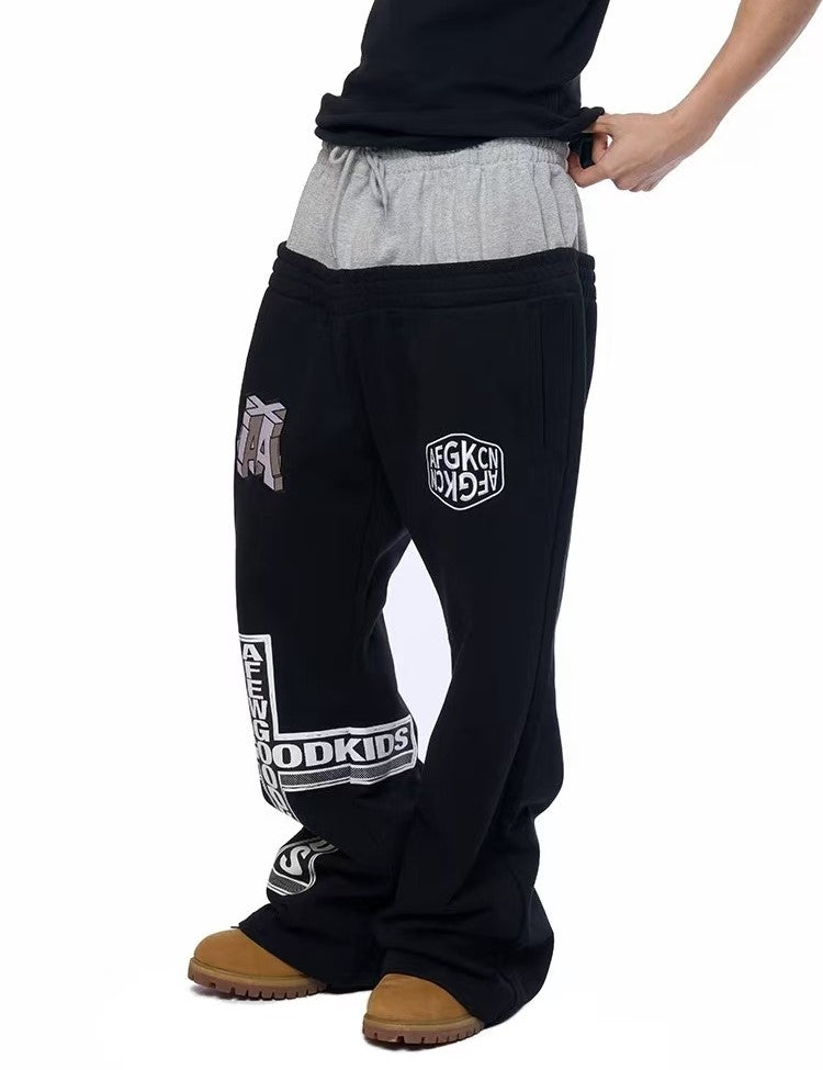 AFGK Fake Two Piece Double Waist Drawstring Bootcut Sweatpants
