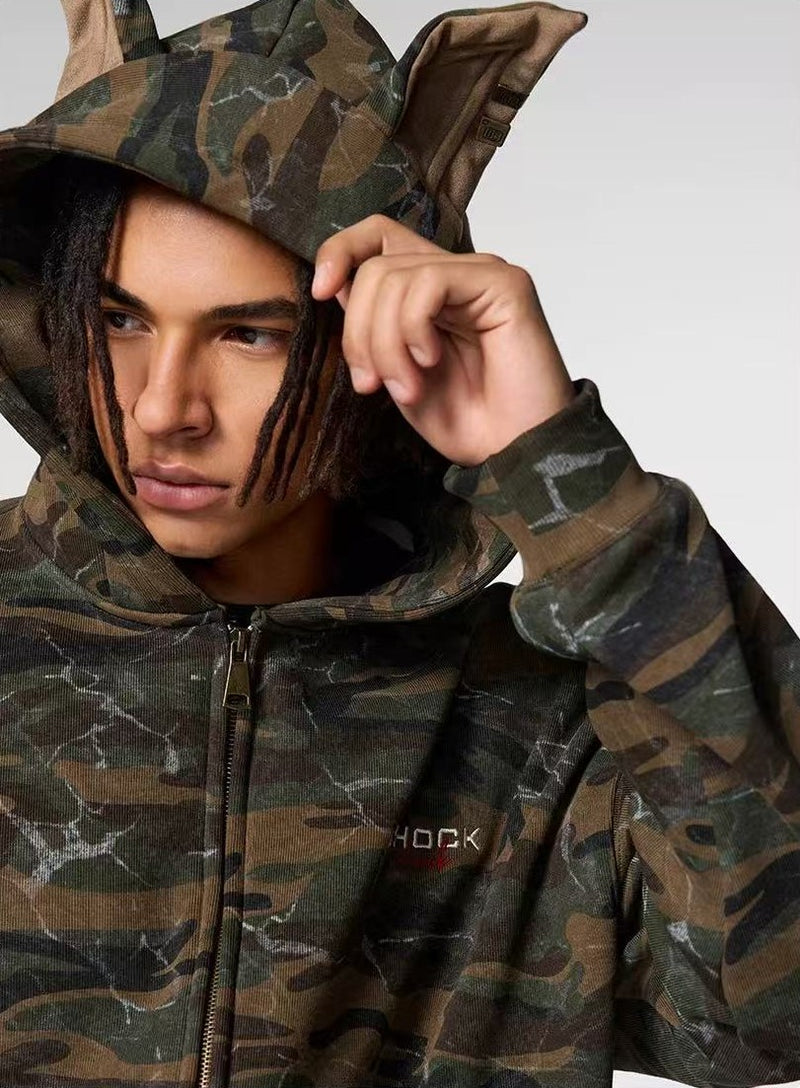 ACHOCK Camouflage Doberman Ear Hooded Fleece Cardigan Sweatshirt