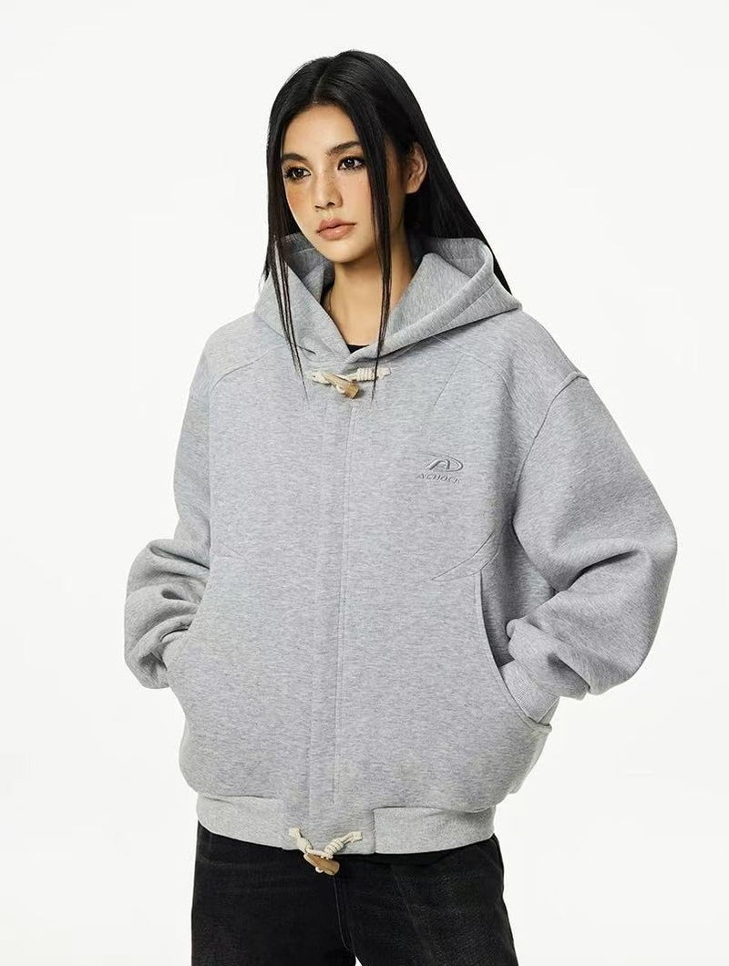 ACHOCK Horn Button Air Layer Cardigan Hooded Sweatshirt