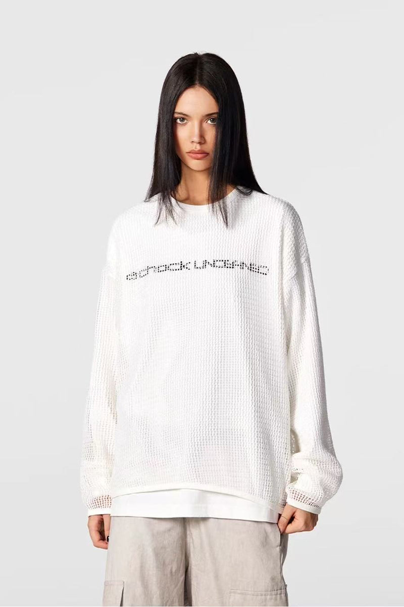 ACHOCK Fake Two-piece Heavy-duty Hollow Printed Long-sleeved T-shirt