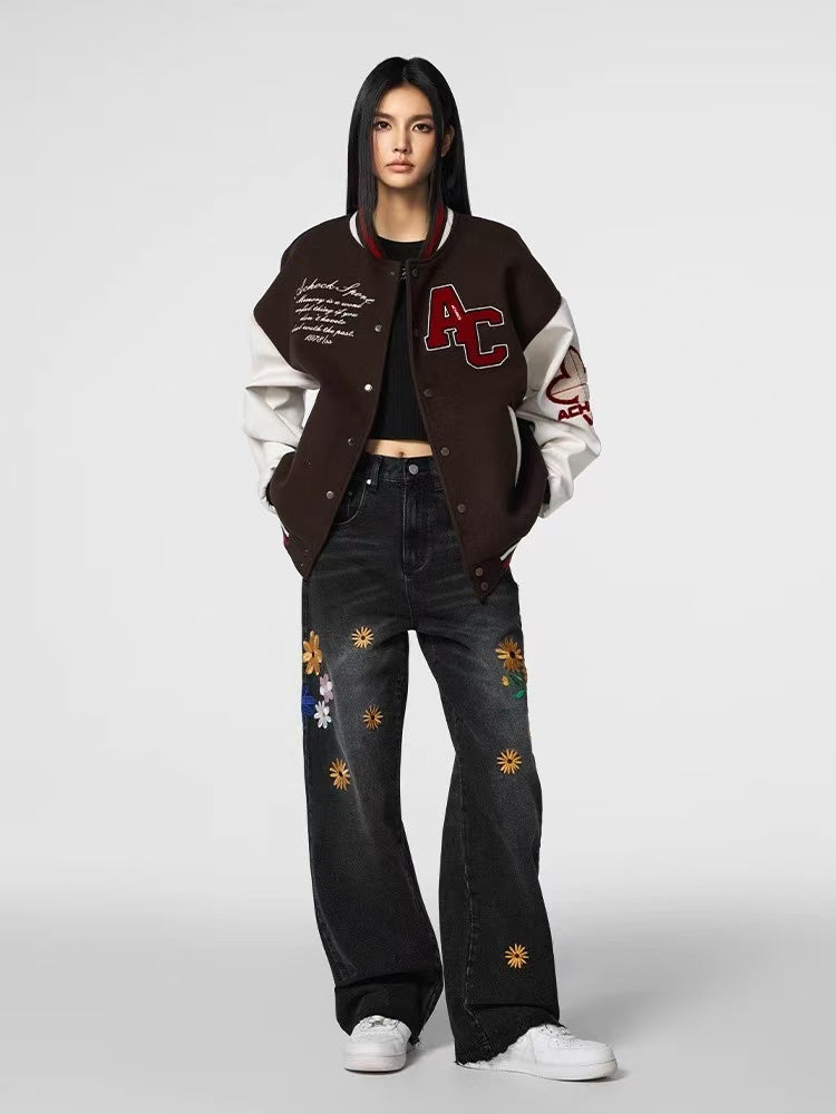 ACHOCK Washed Sun-Flower Embroidered Jeans