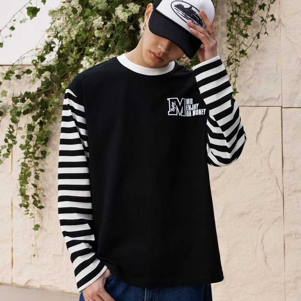 MEDM Contrast Collar Striped Long-sleeve T-Shirt