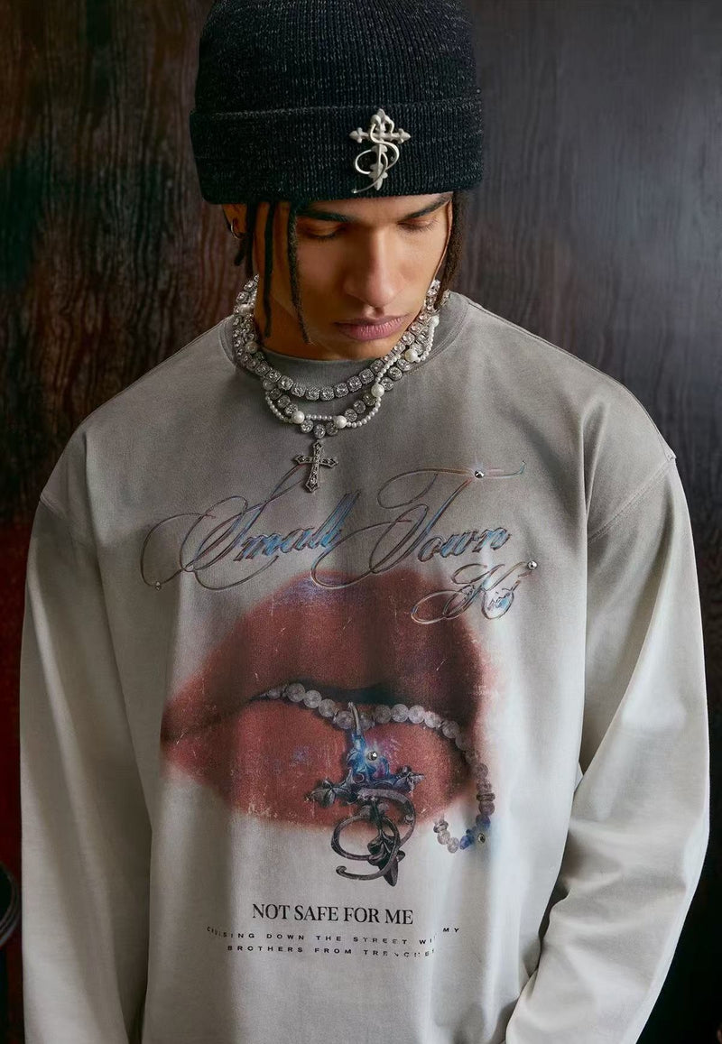 STK Vintage Dirty Wash Glitter Lip Long-Sleeve T-Shirt