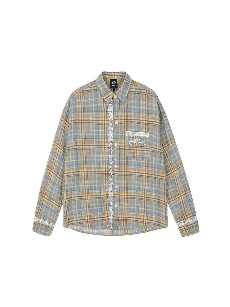 ACHOCK Retro Plaid Lace Splicing Long-sleeve Shirt