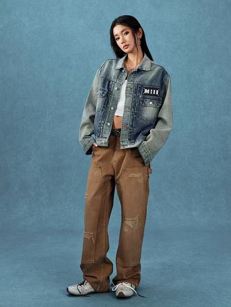 MEDM Leather Patch Distressed Washed Denim Jacket