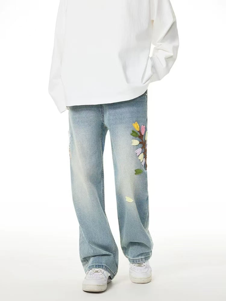 ACHOCK Floral Embroidered Heavy Duty Jeans