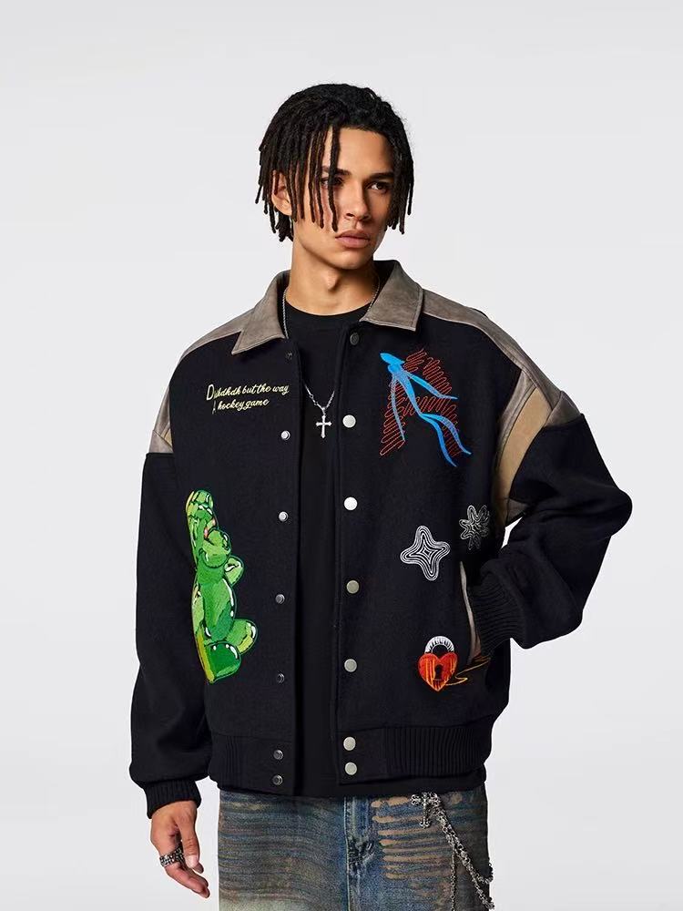 ACHOCK Heavy-duty Cartoon Embroidered Baseball Jacket