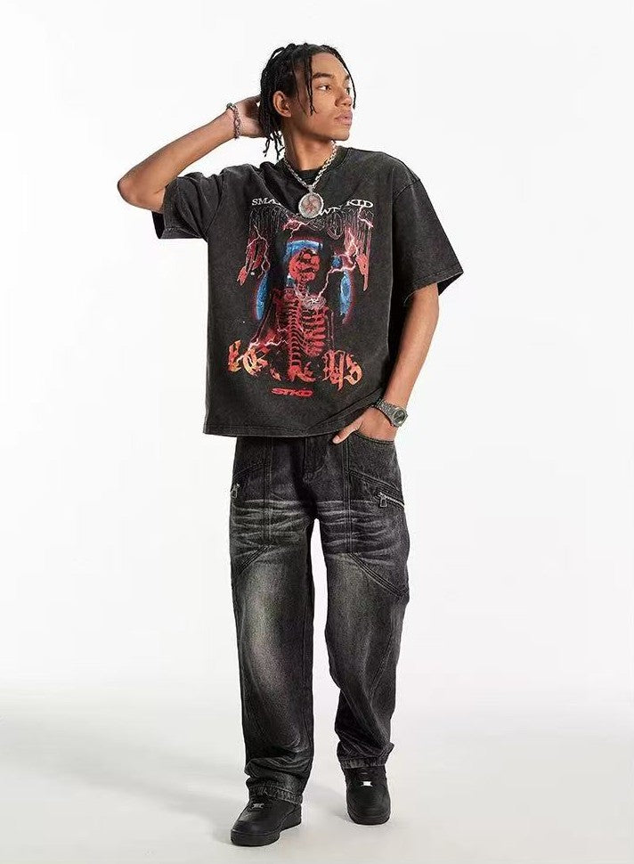 STK Washed Skull Print Crew Neck T-Shirt
