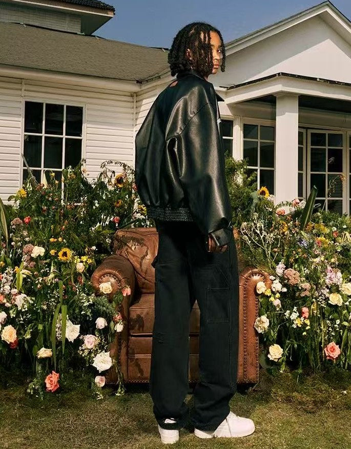 AFGK Logo Embroidered Leather Jacket