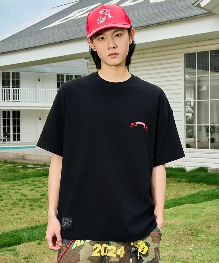 AFGK Waffle Ribbon Embroidered Short-sleeves T-shirt