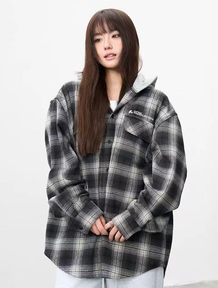 AFGK Vintage Plaid Hooded Long-sleeved Shirt