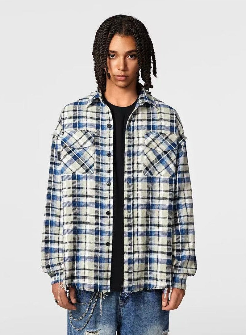 ACHOCK Retro Plaid Tassel Long-sleeve Shirt