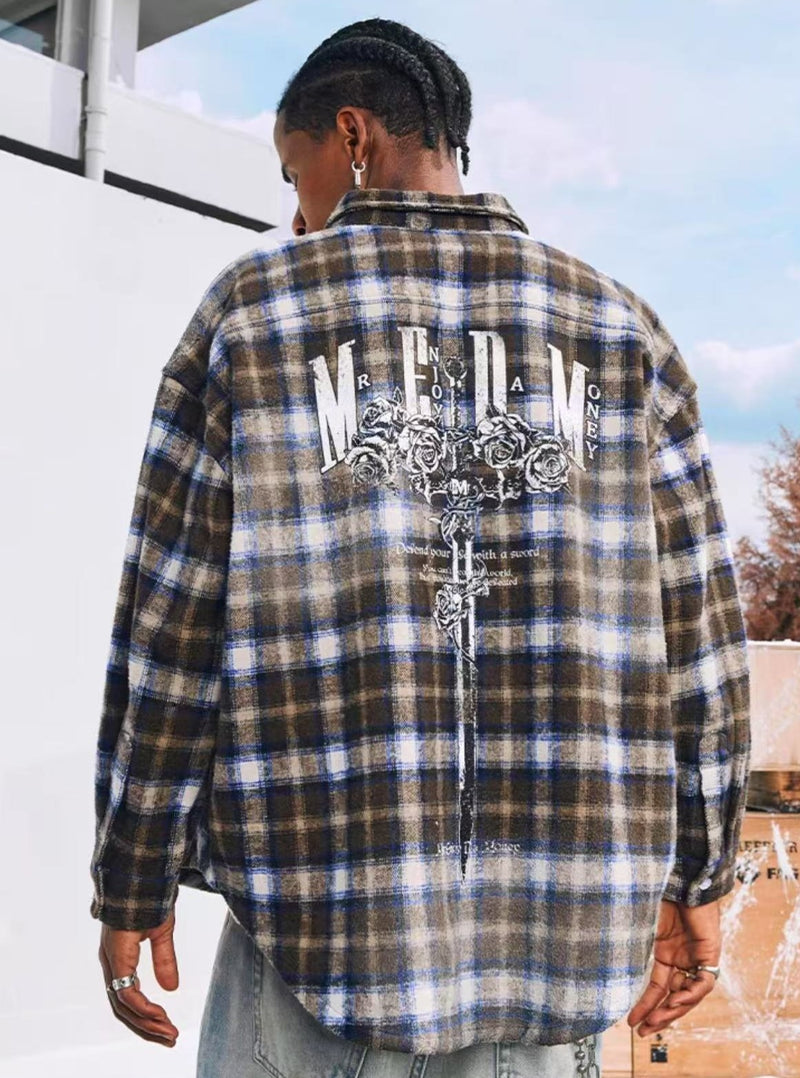 MEDM Washed Distressed Rose and Sword Plaid Long-sleeve Shirt