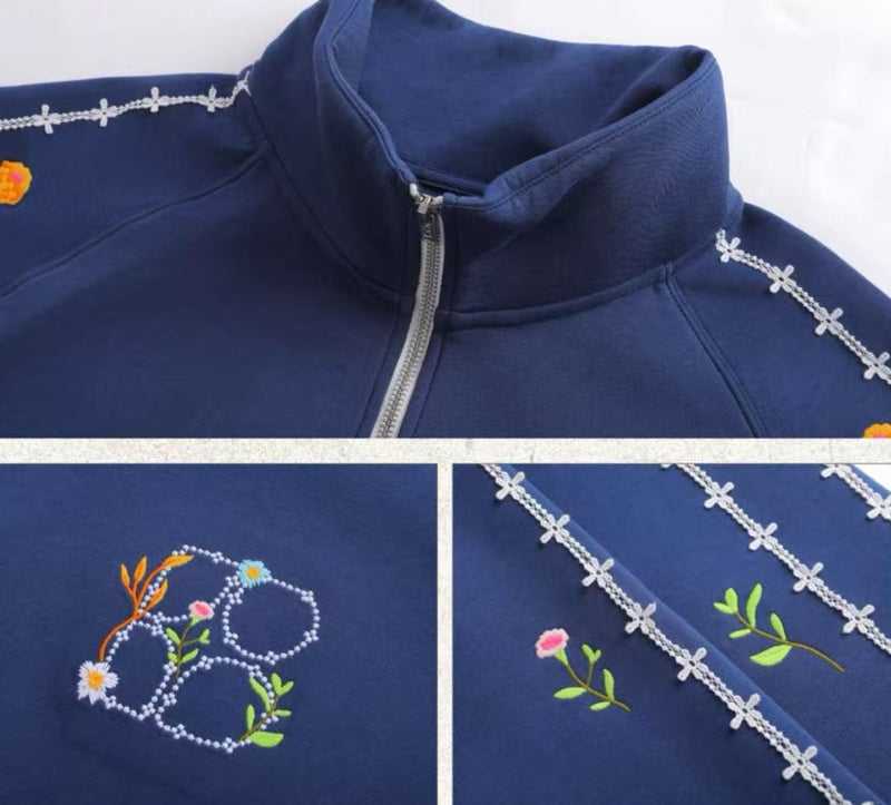 BIPOLAR Floral Embroidered Zipper Sweatshirt