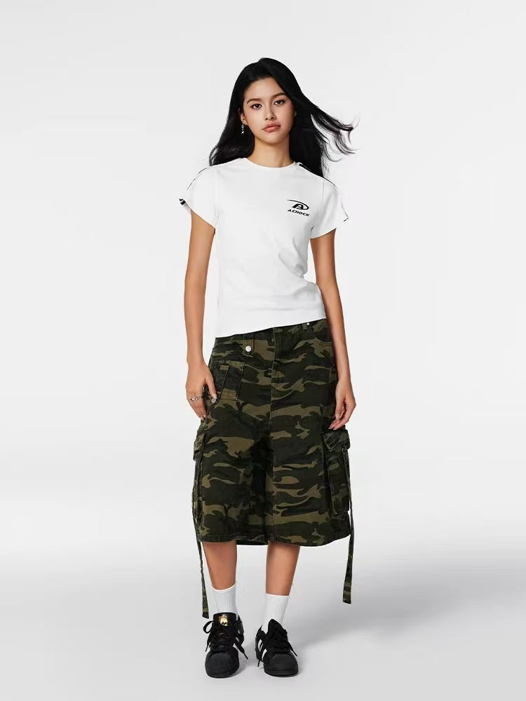 ACHOCK Retro Big Pocket Camouflage Baggy Shorts