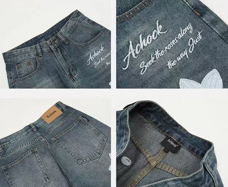 ACHOCK Creative Letter Petal Embroidered Jeans