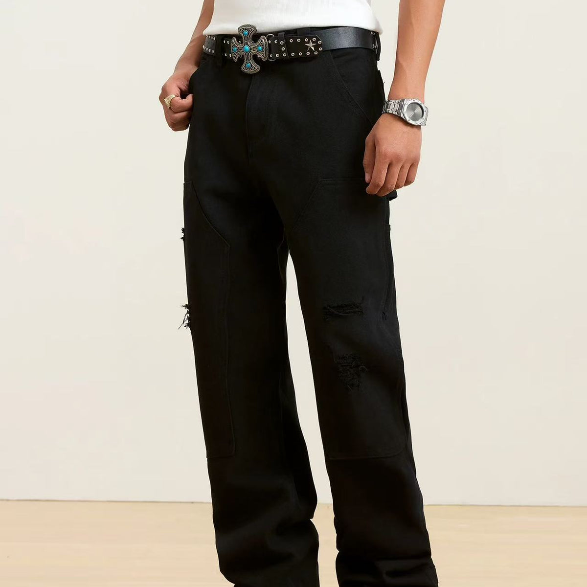 STK Washed Distressed Patchwork Jeans