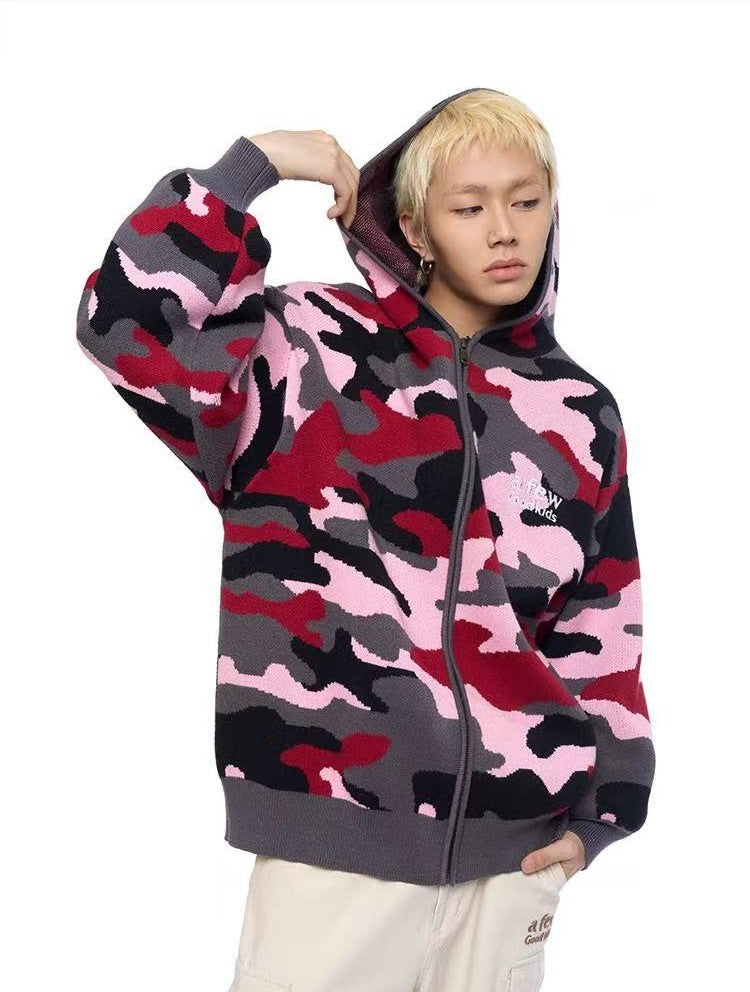 AFGK Pink Camouflage Hooded Cardigan Sweater