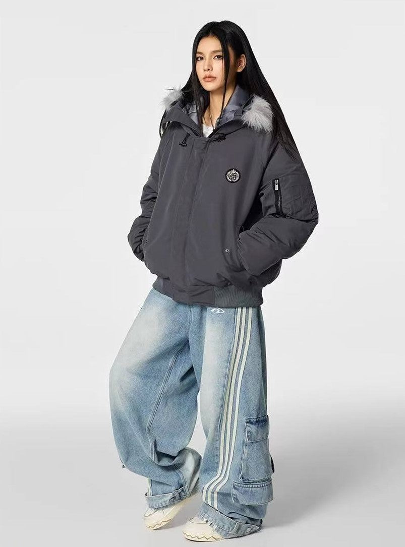 ACHOCK Logo Design Fur Collar Hooded Cotton Coat