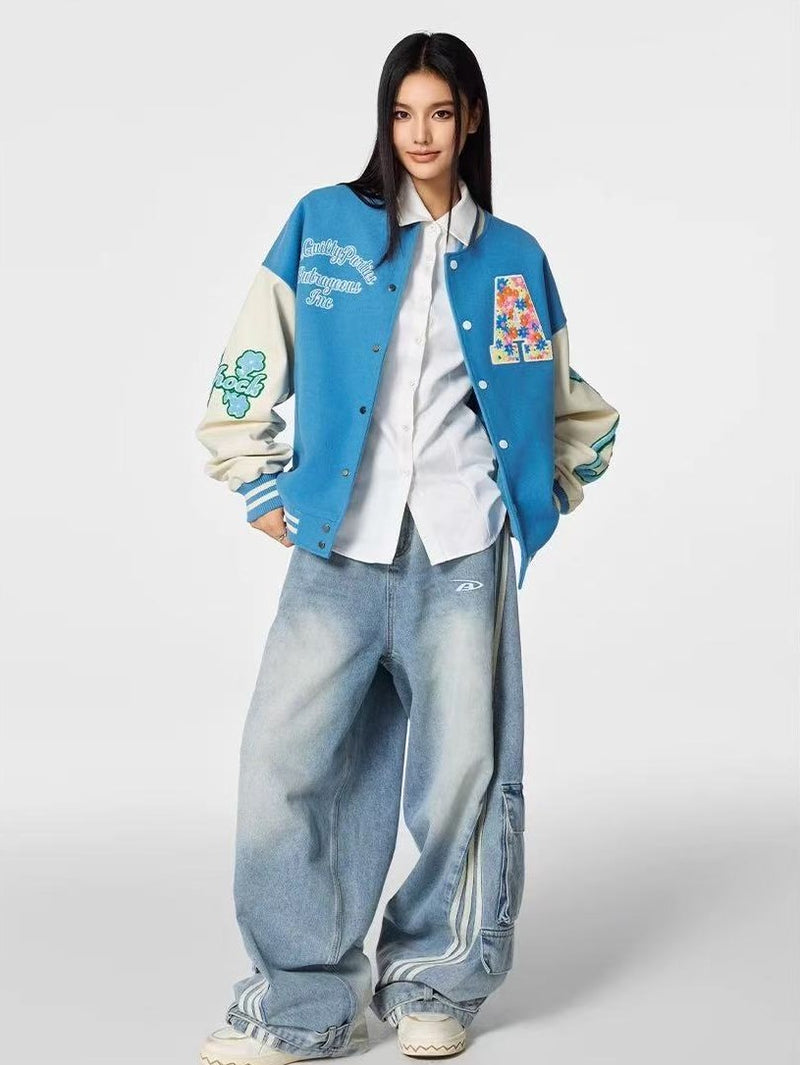 ACHOCK Hollow Floral  Embroidered Baseball Jacket