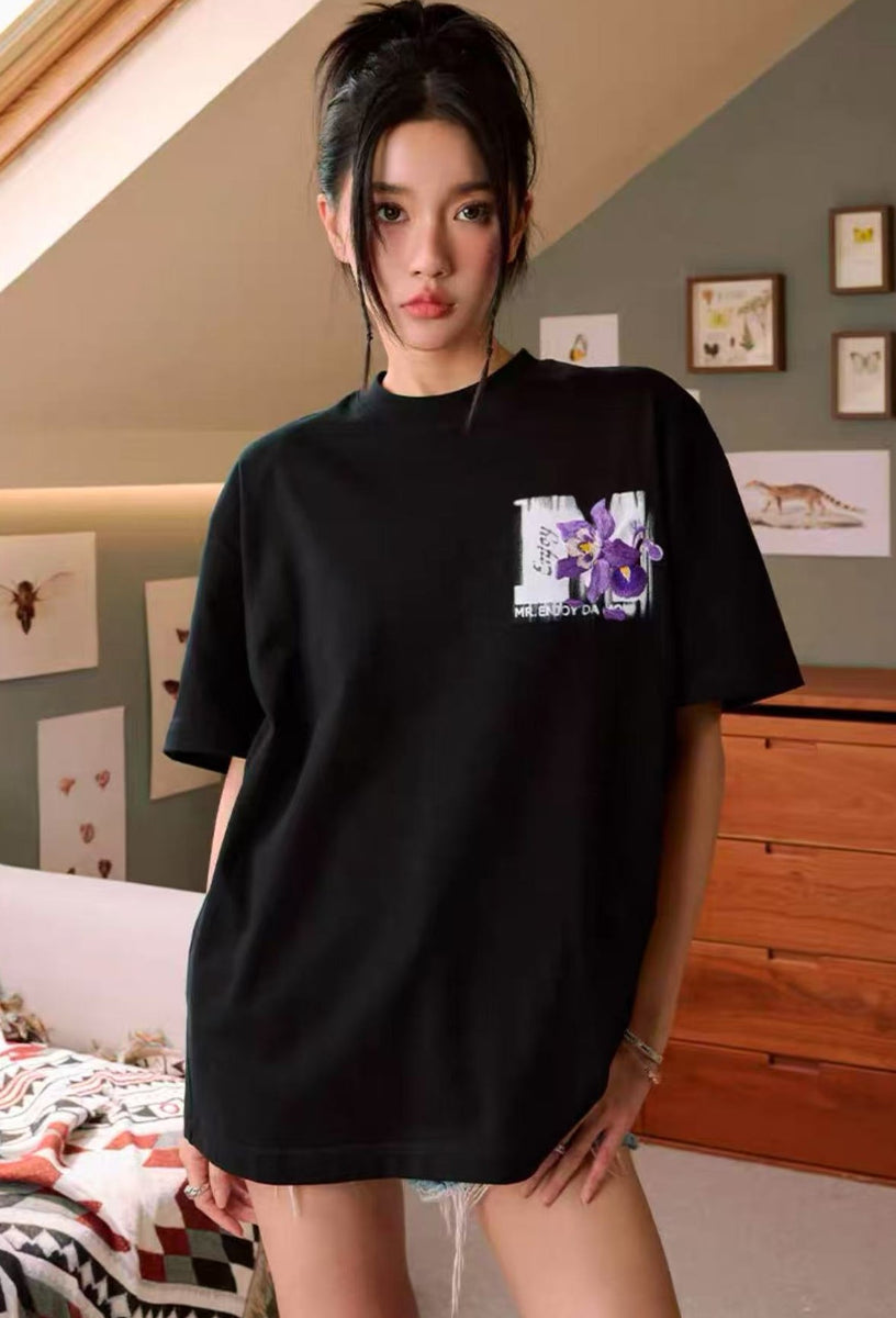 MEDM Mottled Logo Floral Embroidery Short-sleeved T-shirt