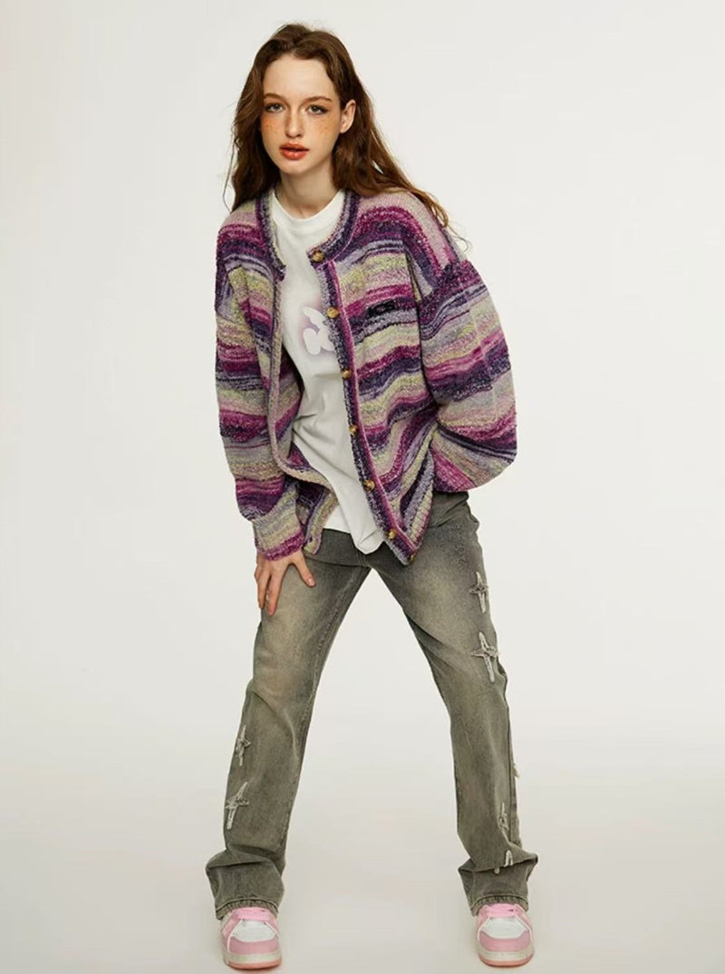 ICONSLAB Color Gradient Striped Cardigan Sweater