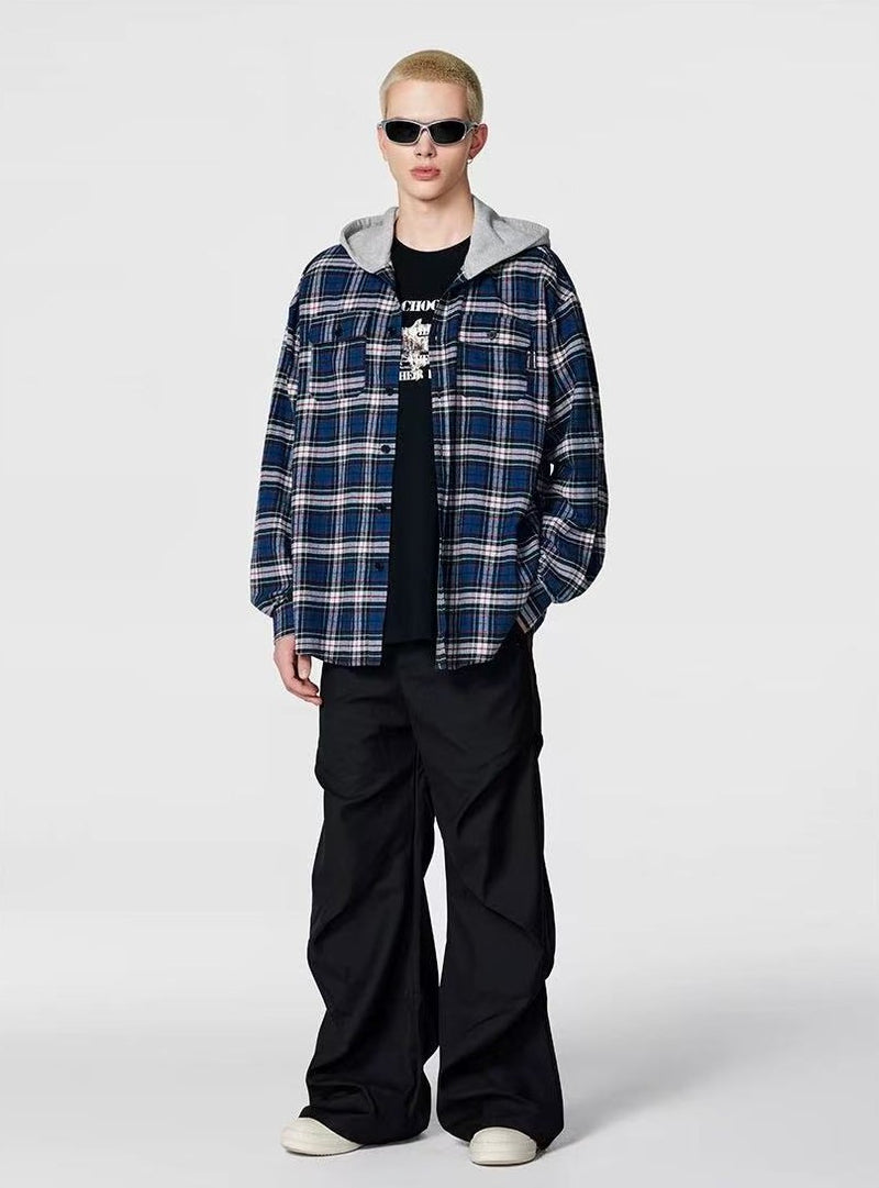 ACHOCK Contrast Blue Plaid Hooded Long-sleeve Shirt