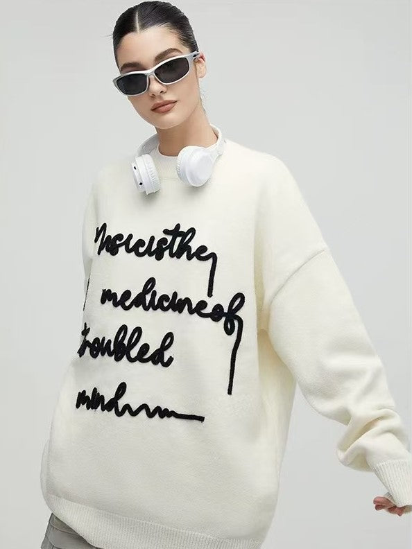 ACHOCK Embroidered Monogram Letter Pullover Sweater