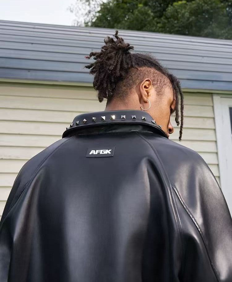 AFGK Glossy Studded Zippered Leather Jacket