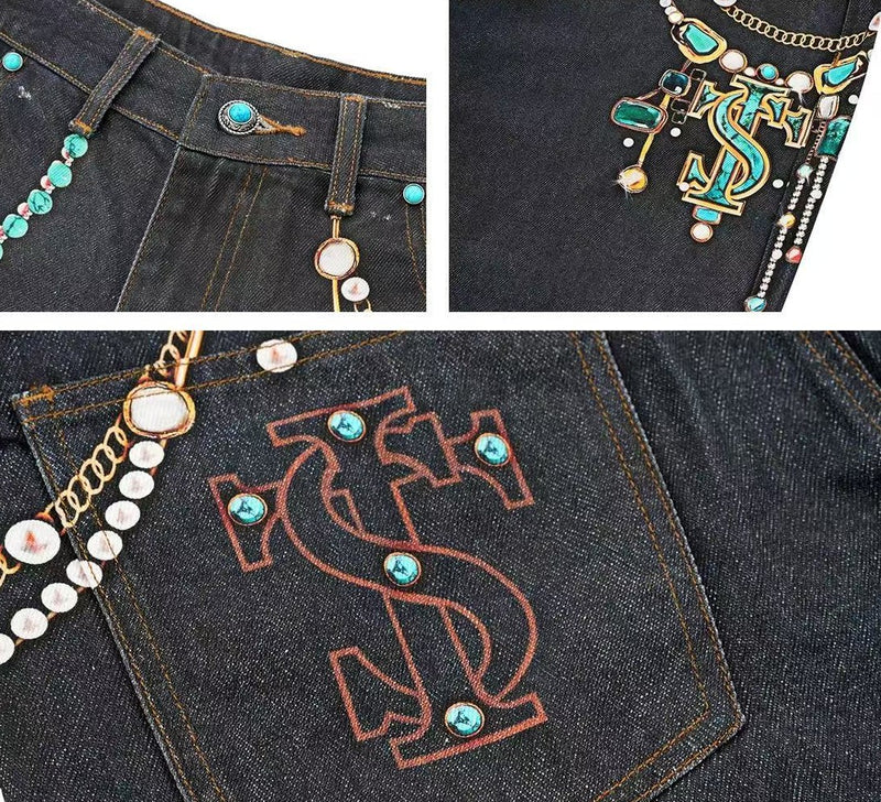 STK Heavy Work 3D Turquoise Pearl Printed Jeans