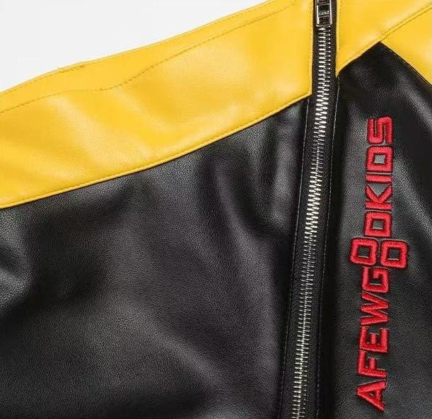 AFGK Street Black and Yellow Contrast Zipper Leather Pants