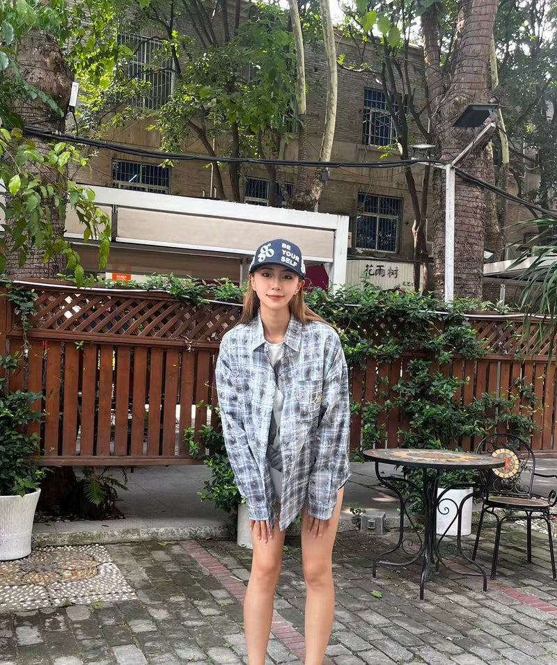 BIPOLAR Retro Floral Letter Embroidered Tie-dye Plaid Shirt